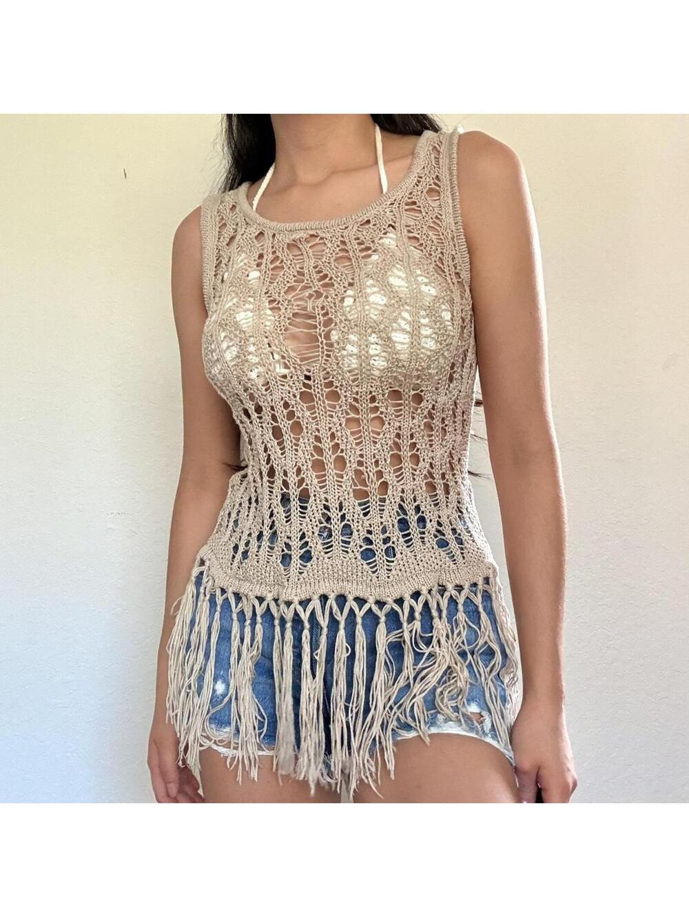 Wet Seal Y2K Cream Crochet Fringe Tank Top
